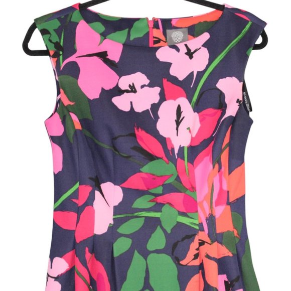 Vince Camuto 6 Floral Sleeveless Navy Blue Pink Fit & Flare Pockets Mini Dress - Picture 4 of 13